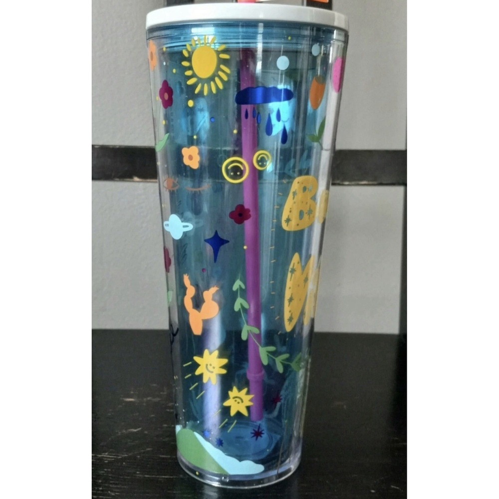 Starbucks Good Vibes Blue Cold Cup Tumbler Acrylic 24oz Leopard Sun Graphic 2023